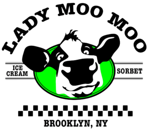 Logo for "Lady Moo Moo" featuring a cartoon cow’s face in front of a green oval, with text for ice cream, sorbet, and Brooklyn, NY, and a black-and-white checkered border.