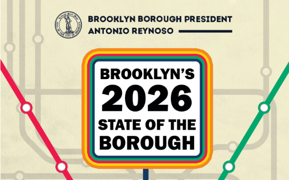 Poster for Brooklyn’s 2026 State of the Borough at Brooklyn Museum on April 16, 2026, with event details, RSVP link, and images of Brooklyn landmarks and neighborhoods.