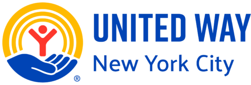 United Way New York City logo featuring a stylized hand holding a person with arcs above, alongside the organization's name in blue and yellow.