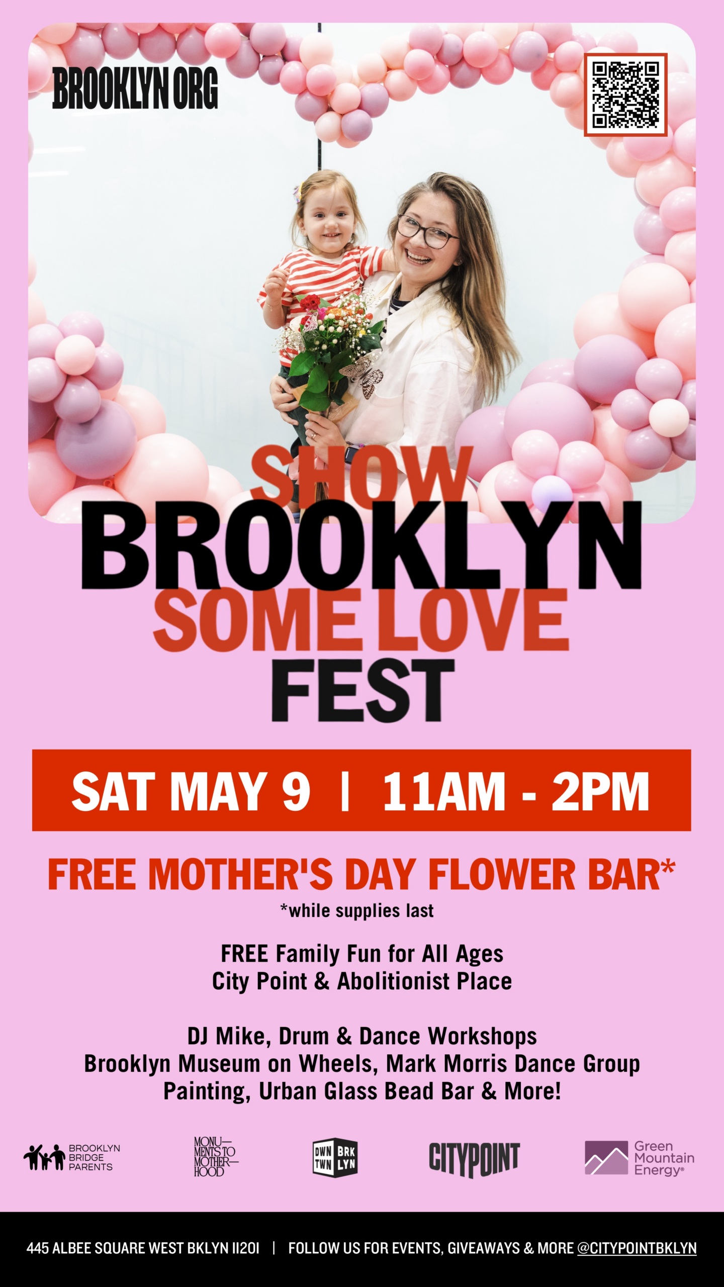 A Mother's Day event poster with pink balloon decorations, event details, and a woman holding flowers; scheduled for May 9, 11am–2pm at City Point, Brooklyn.