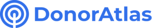 DonorAtlas logo with blue circular icon on the left and "DonorAtlas" text in bold blue letters on a white background.