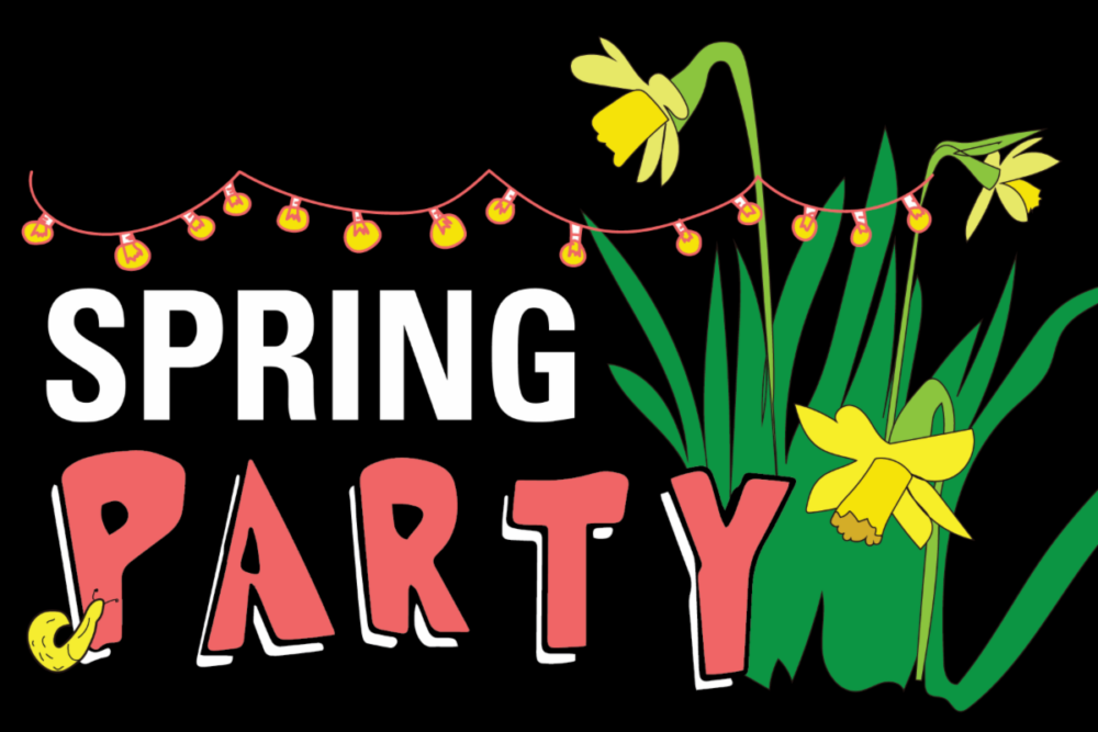 Illustration with the words "Spring Party," yellow daffodils, and a string of orange lights above the text on a black background.