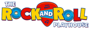 Logo for "The Rock and Roll Playhouse" with colorful letters, vinyl records as O's, and a red guitar pick with musical notes behind the word "AND.
