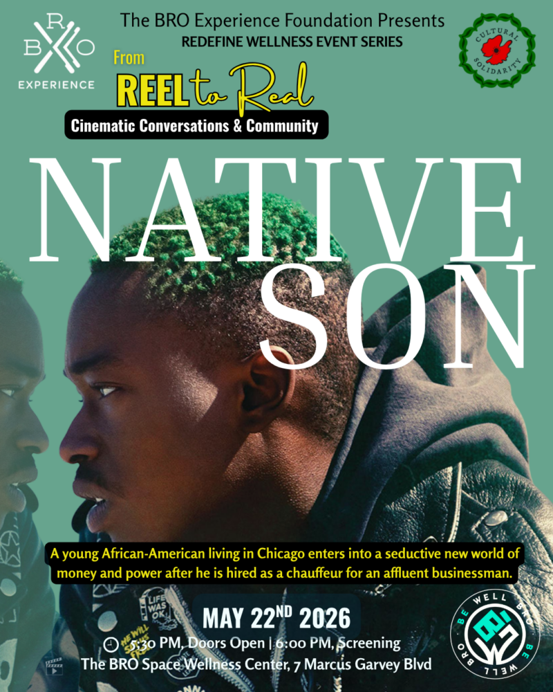 Poster for "NATIVE SON" film screening event, featuring two young men facing each other, event details and description text overlayed.