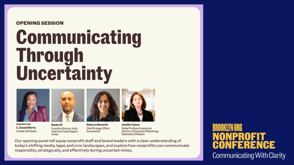 A promotional graphic for a nonprofit conference session titled "Communicating Through Uncertainty," featuring photos and names of four panelists and event details.