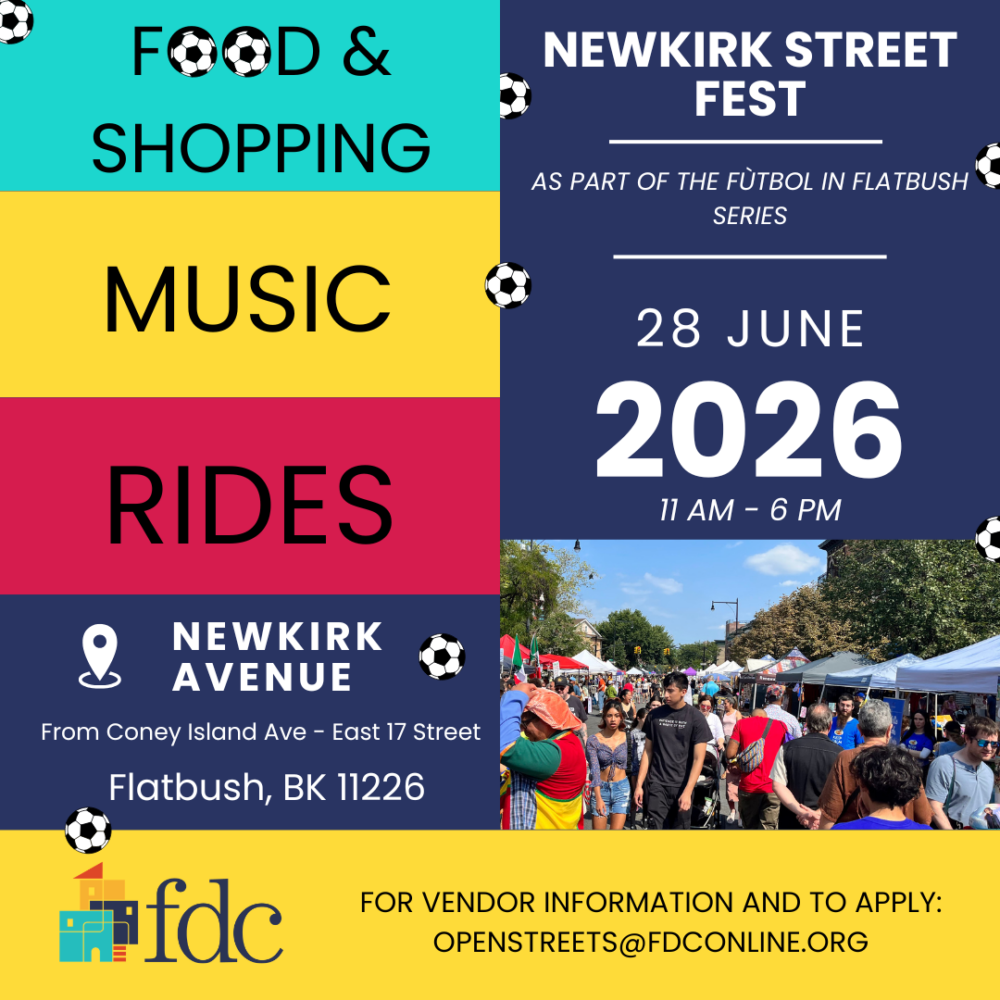 Flyer for Newkirk Street Fest on June 28, 2026, in Flatbush, Brooklyn, featuring food, shopping, music, rides, and crowds on a sunny day.