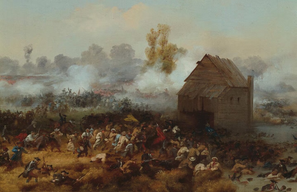 Battle scene with dense smoke, soldiers in combat, and a wooden building at the center right; figures are fighting and fleeing amidst chaos.