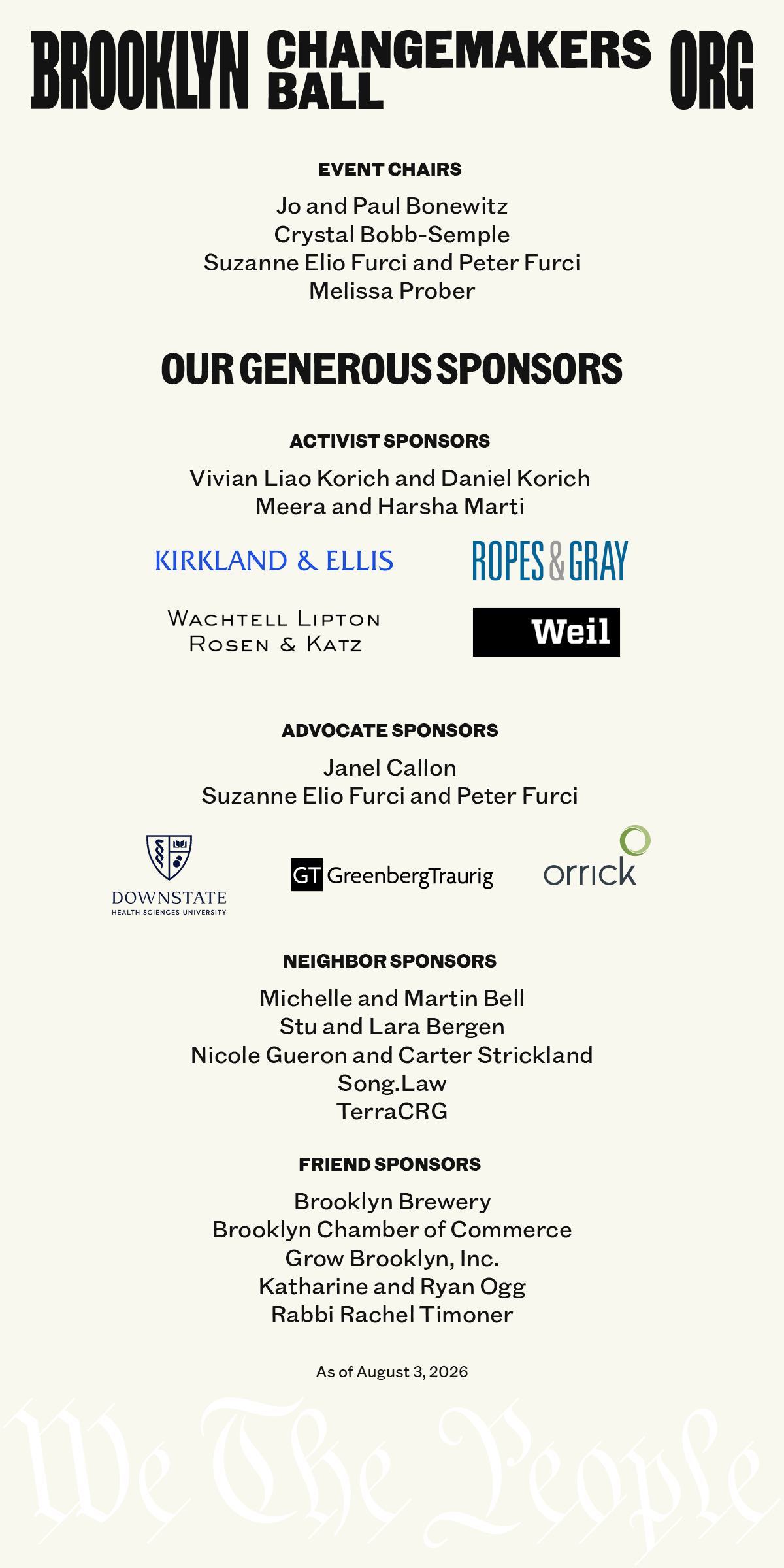 Event sponsors and chairs for the Brooklyn Changemakers Ball are listed with company logos and names on a cream background. Date at bottom reads: “As of August 3, 2026.”.