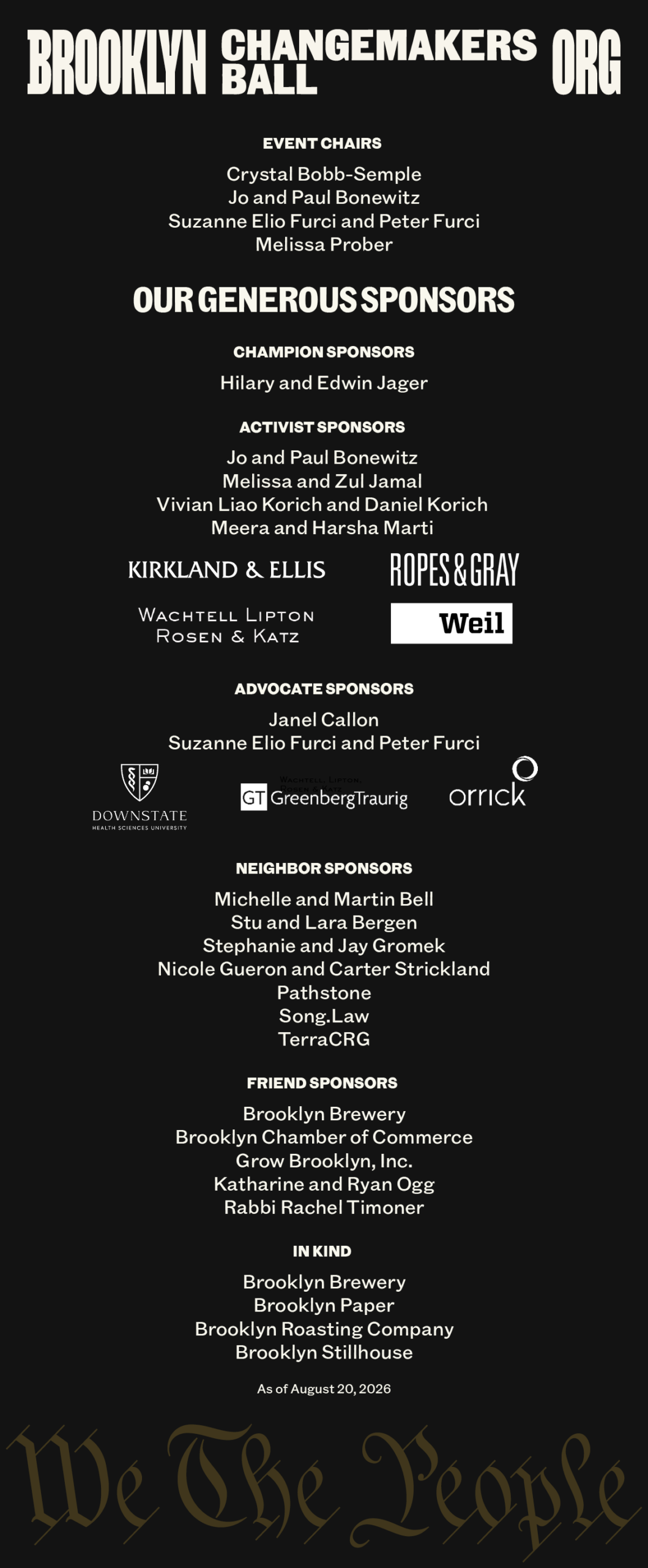 Event flyer for the Brooklyn Changemakers Ball listing event chairs, generous sponsors, and in-kind supporters, updated as of August 20, 2023, with decorative script at the bottom.