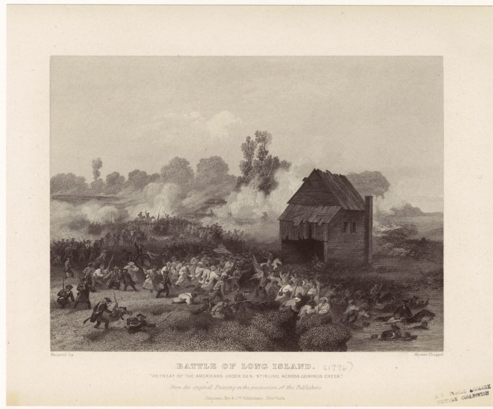 Black-and-white illustration of a chaotic battle scene near a small wooden building, with soldiers fighting and retreating amid smoke and trees.
