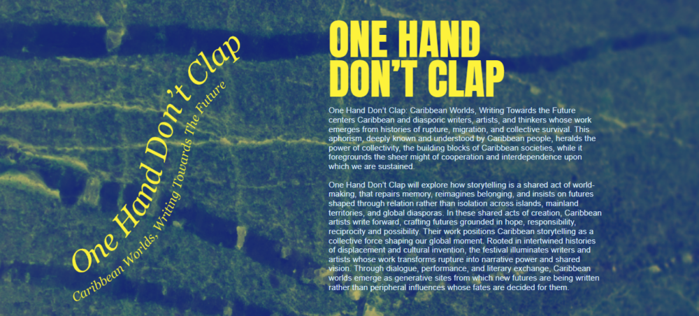 Book cover for “One Hand Don’t Clap: Caribbean Worlds, Writing Towards the Future” with text over a blurred, yellow-tinted image of people in a field.