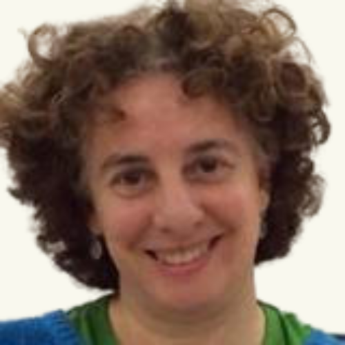 A person with short, curly brown hair is smiling slightly at the camera, wearing a blue sweater over a green top, against a plain white background.