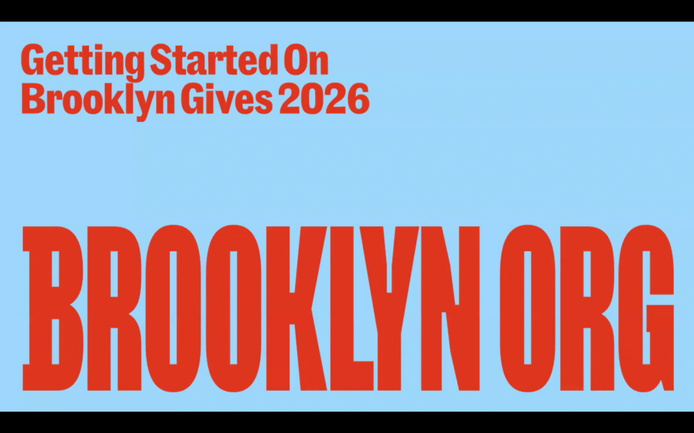 Text graphic with “Getting Started On Brooklyn Gives 2026” and “BROOKLYN ORG” in large red letters on a light blue background.