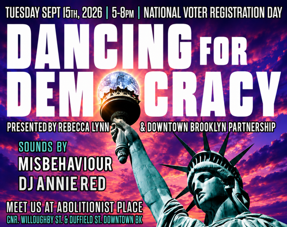 A promotional poster for “Dancing for Democracy” on Sept 15, 2026, featuring event details, performers, sponsors, and an image of the Statue of Liberty holding a disco ball.