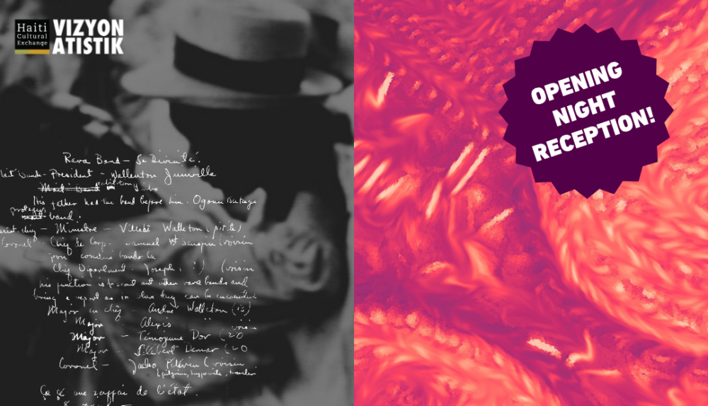 Split image: left side shows handwritten notes over a blurred black-and-white photo; right side displays a bright, abstract pattern with a purple badge reading “OPENING NIGHT RECEPTION!”.