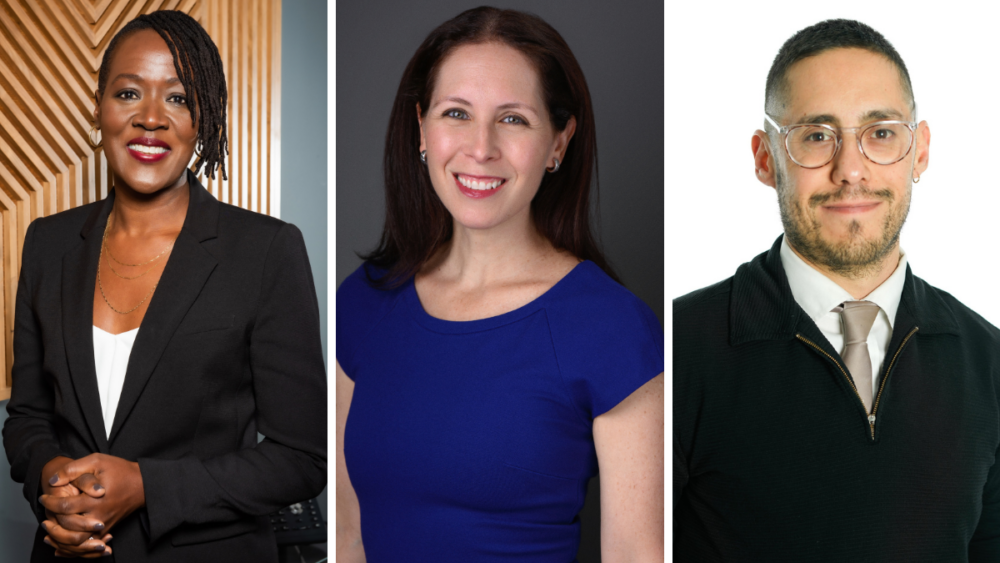Three people stand side by side in individual portraits: a woman in a black suit, a woman in a blue dress, and a man in glasses and a black sweater with a white tie.