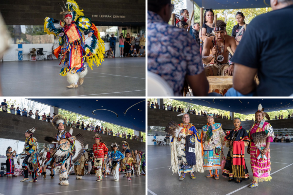 Four photos show Native American dancers in traditional regalia performing and posing, and musicians playing drums, at an indoor cultural event with spectators watching.