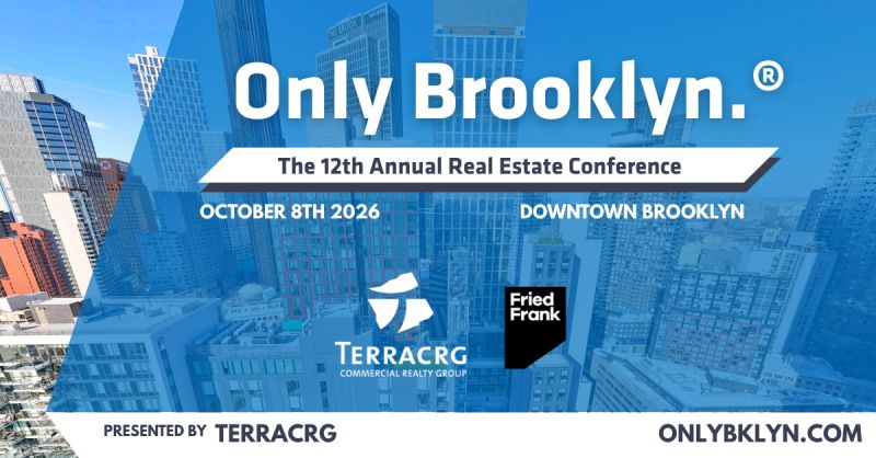 Banner for the 12th Annual Real Estate Conference in Downtown Brooklyn on October 8th, 2026, presented by TerraCRG and Fried Frank, with a city skyline background.
