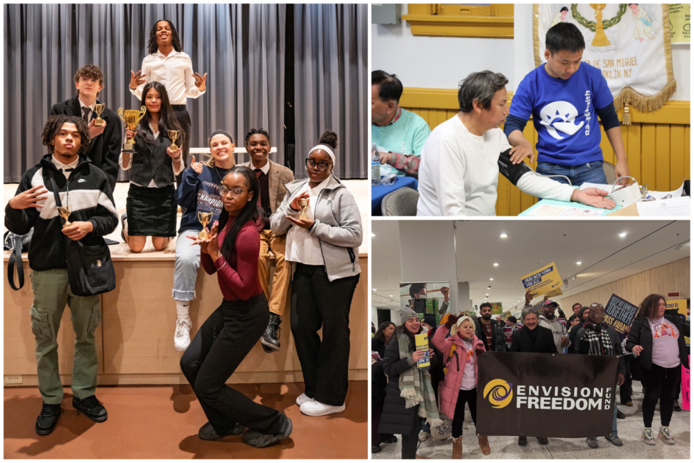 A collage showing a group of students posing with trophies on a stage, a person having their blood pressure taken, and a group of people holding signs and a banner for the Envision Freedom Fund.