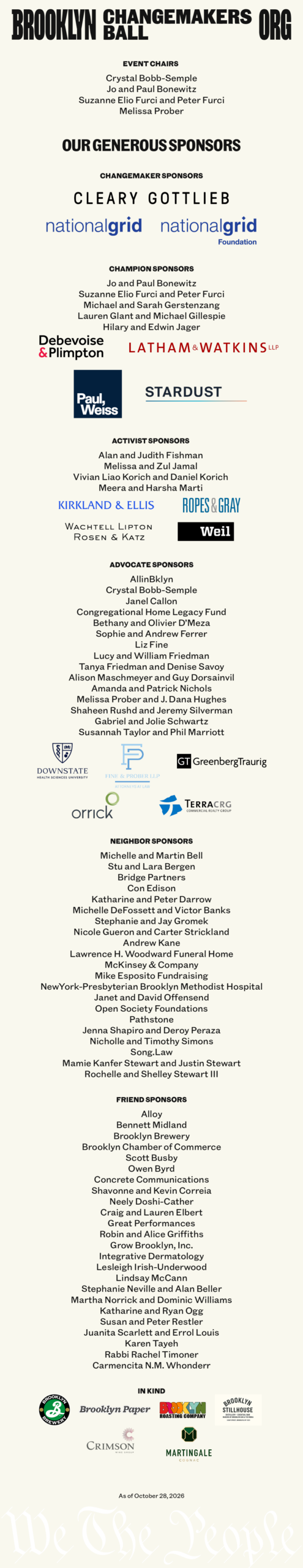 List of Brooklyn Changemakers event sponsors and organizers as of October 28, 2026.