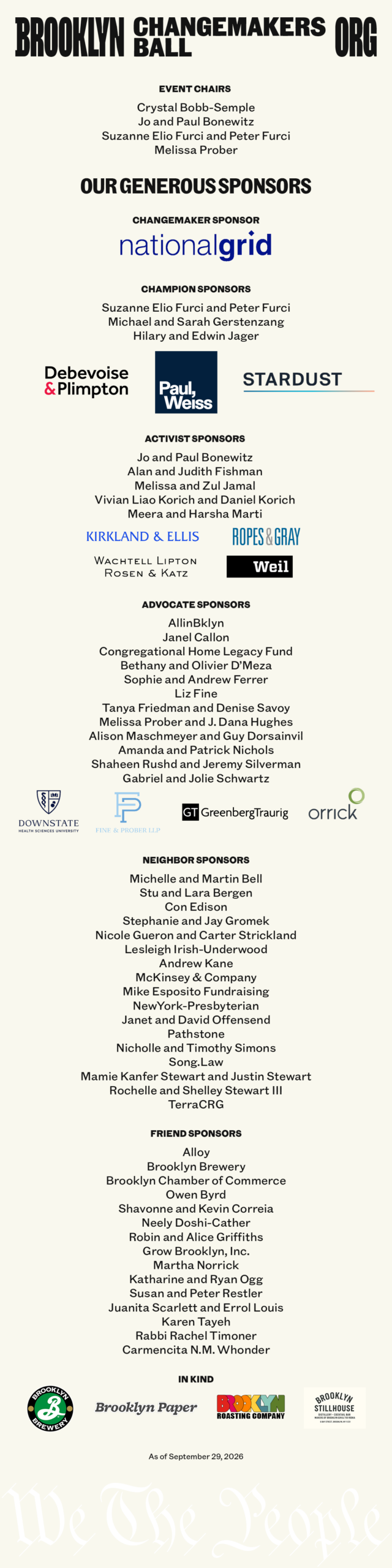 Event poster listing Brooklyn Changemakers Org sponsors and supporters, including National Grid, Stardust, law firms, banks, foundations, and individual donors, as of December 20, 2023.