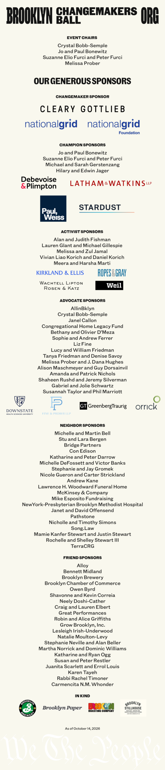 Program for the Brooklyn Changemakers Ball, listing event chairs and sponsors ranging from Changemaker to Friend levels, dated October 14, 2026.
