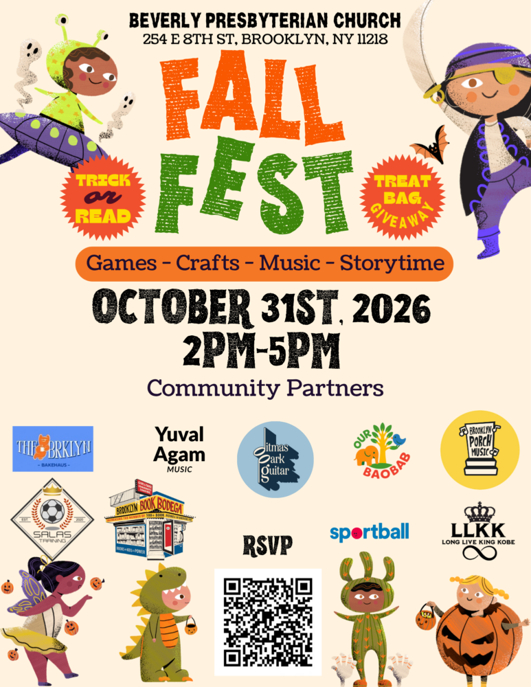 Fall Fest flyer for Beverly Presbyterian Church on October 31, 2026, from 2pm-5pm, listing community partners and featuring cartoon illustrations of children in Halloween costumes.
