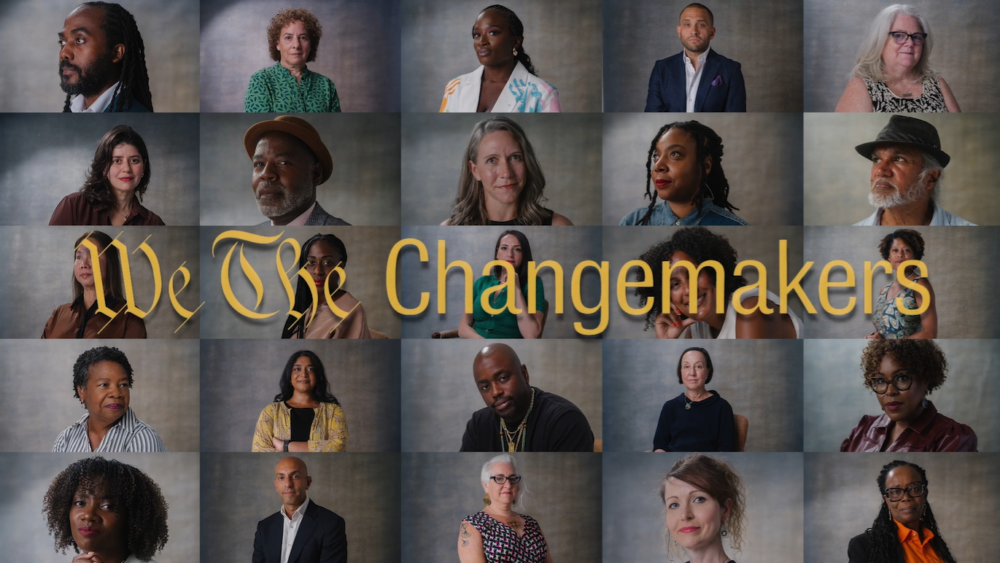 A grid of twenty individual portraits of diverse people arranged under the gold-lettered text “We The Changemakers.”