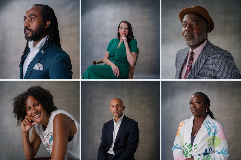 A grid of six professional portrait photographs showing diverse individuals in various attire against a neutral gray background.