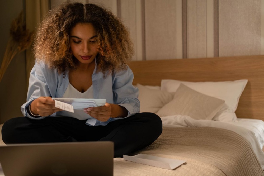 A woman sitting cross-legged on a bed, reviewing a document and envelope with a laptop in front of her.