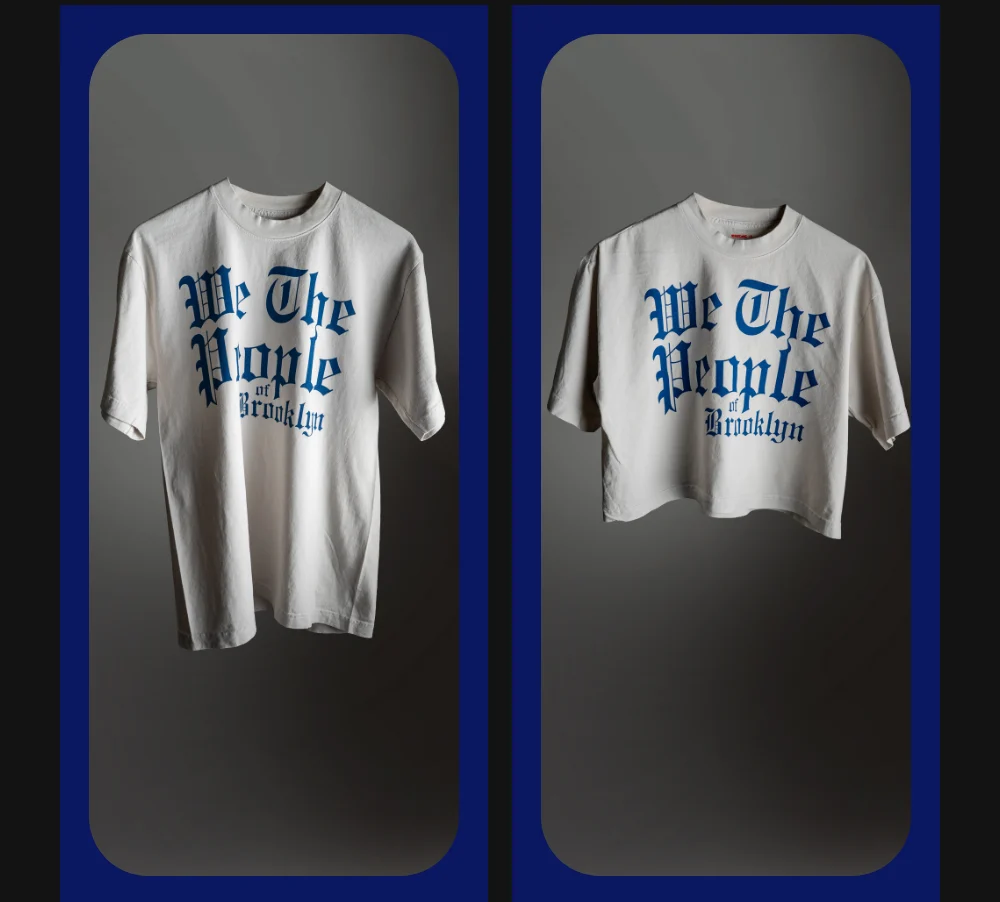 Off-white t-shirt and cropped t-shirt, both featuring the blue text “We The People of Brooklyn” in gothic font.